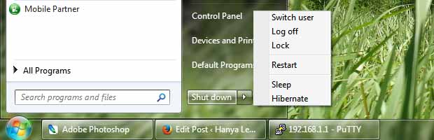 Posisi menu Sleep dan Hibernate di Windows 7