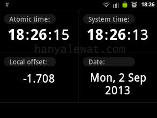 Tampilan depan ClockSync, sebelah kiri adalah waktu Time Server, sebelah kanan waktu sistem Android.