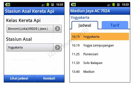 Screenshot aplikasi jadwalKA. Kiri dan kanan adalah layar yang berbeda.
