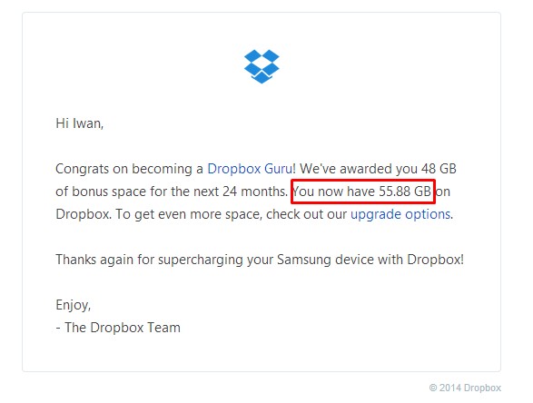 Email pemberitahuan dari Dropbox, kapasitas saya bertambah 48 GB.