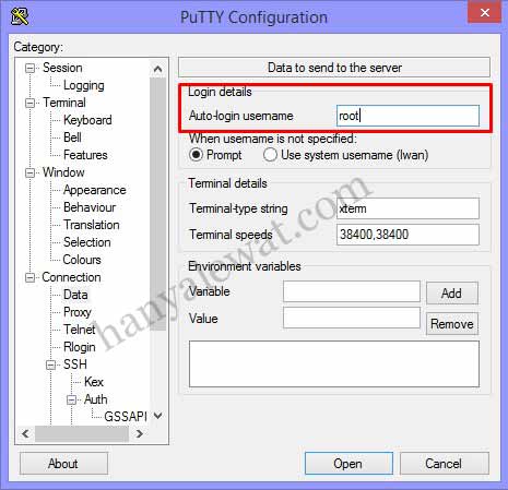 Setting PuTTY login data dengan username VPS. Biasanya sih root. :)